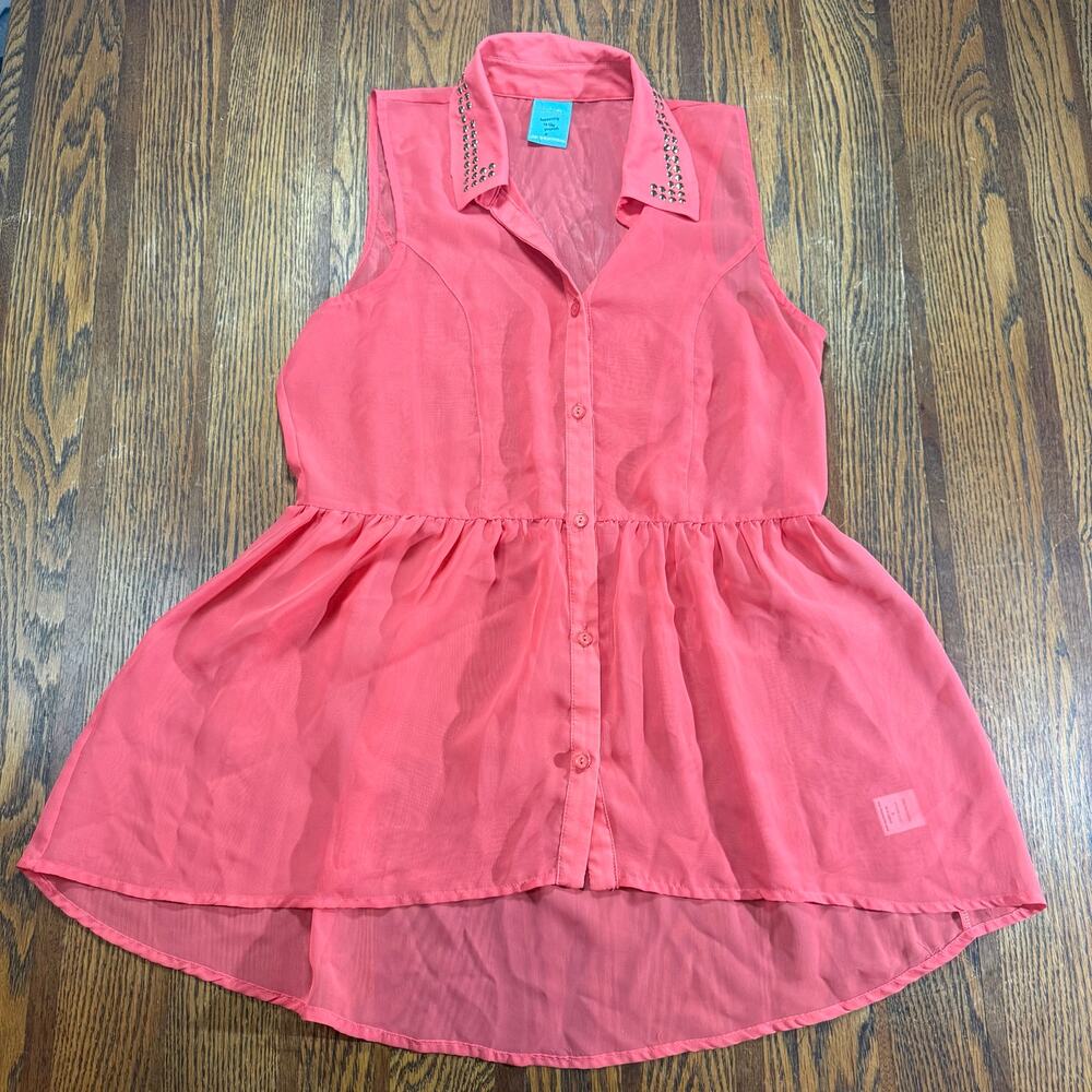 h.i.p. Pink Studded Sleeveless Button Up Blouse Peplum Hem Women’s Small